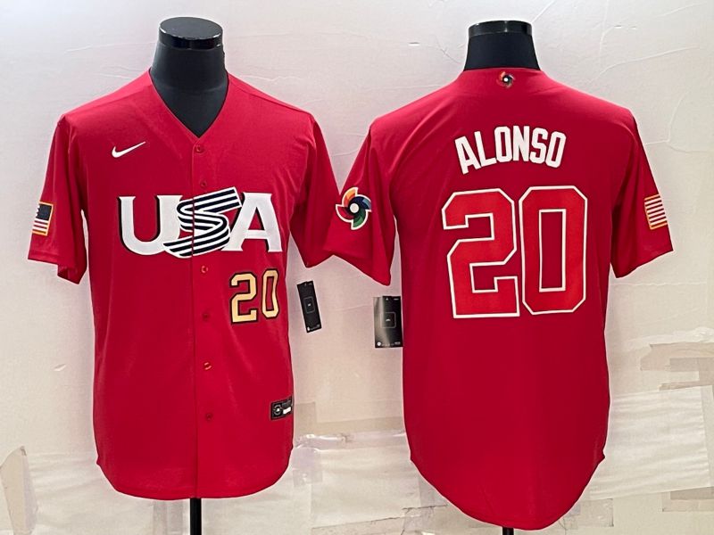 Men 2023 World Cub USA #20 Alonso Red Nike MLB Jersey7